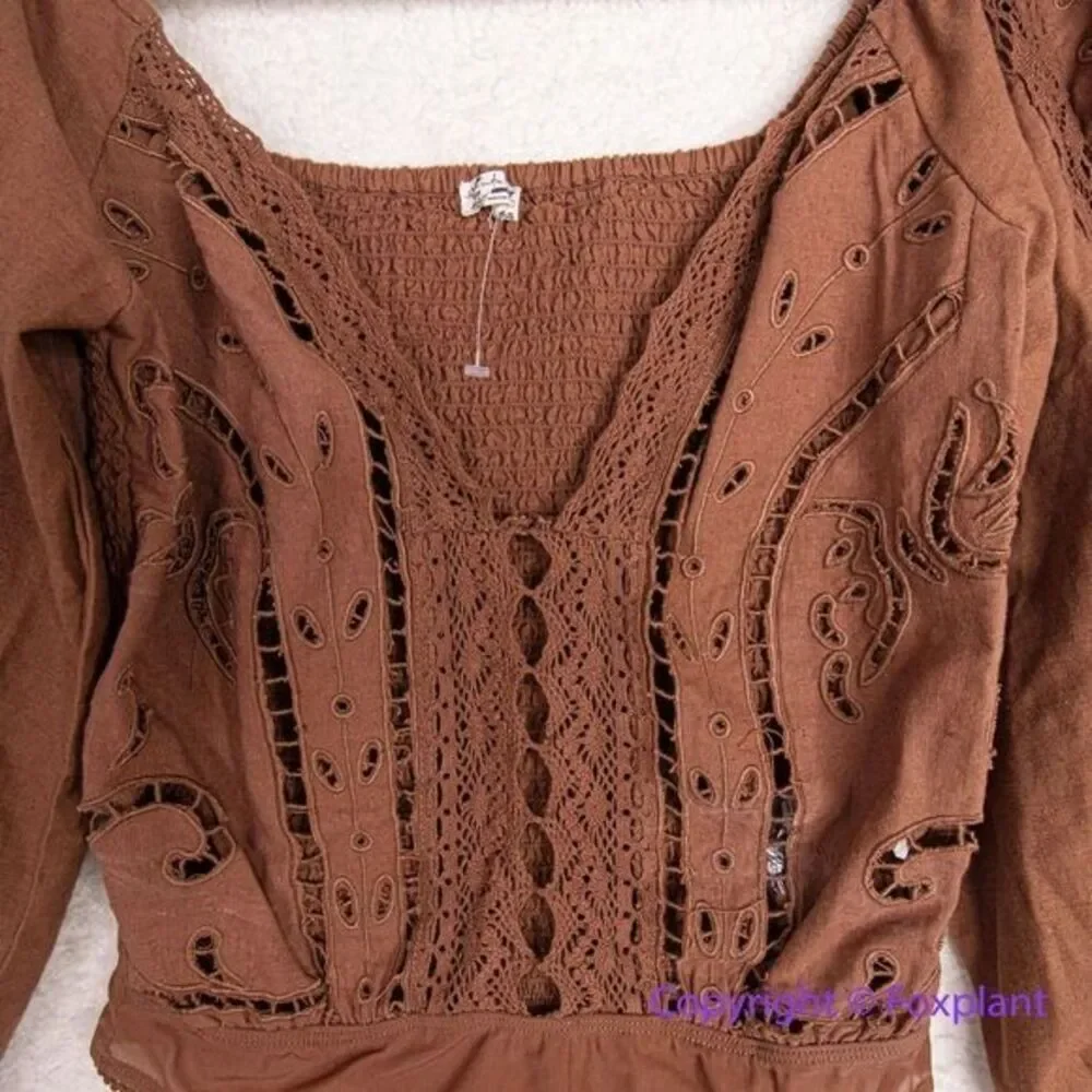 NEW Free‎ People Intimately Brown Regina Boho Long Sleeve Bodysuit, S